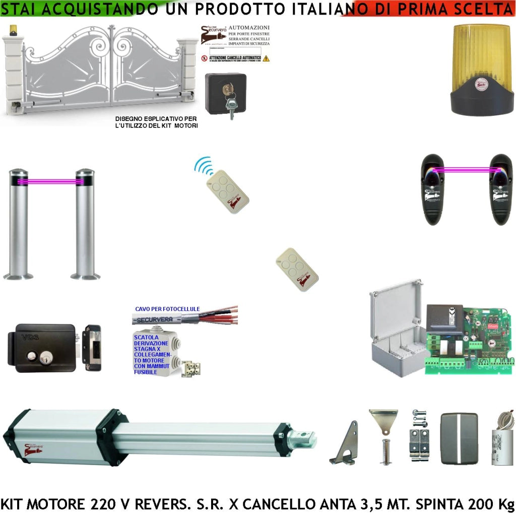 Cancello 3,5 Metri Kit Motore Elettromeccanico 220 V Stelo Reversibile 600mm Spinta 250Kg Centrale 2 Coppie Fotocellule 2 Pali 2 Radiocomandi Faro Elettroserratura Selettore 2 Ck Scatola Fuse Cavo