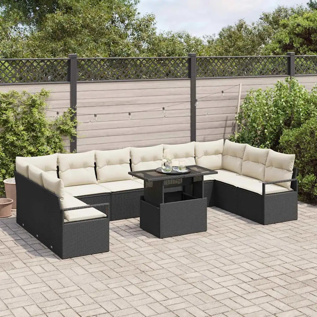 Set Divano da Giardino 11 pcs Nero e crema polyrattan