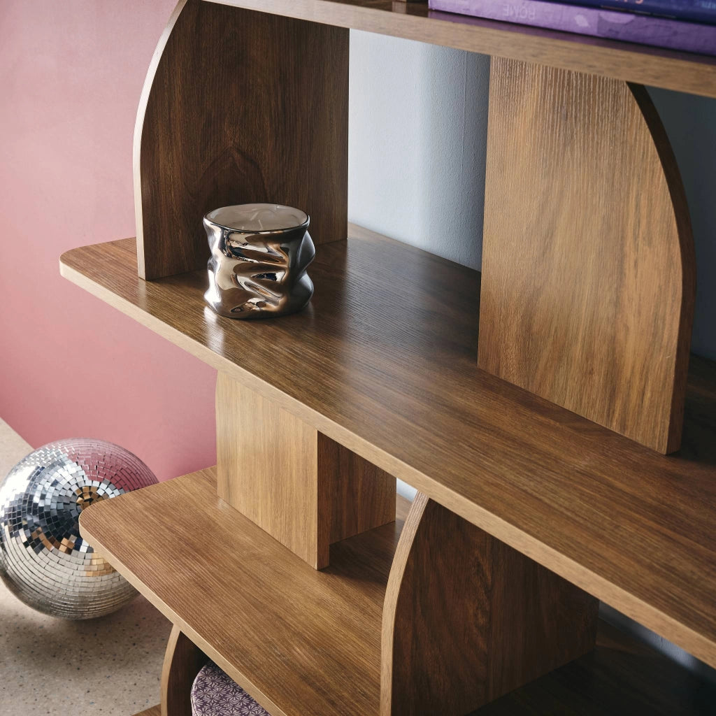 Libreria esotica in legno a 5 livelli, effetto legno miele