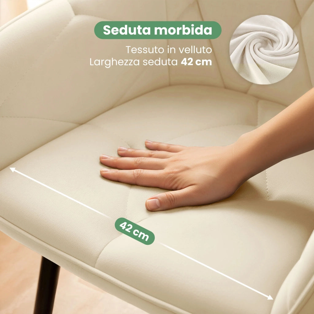 Set di 6 Sedie in velluto trapuntato DIAMANTE Crema gambe nere
