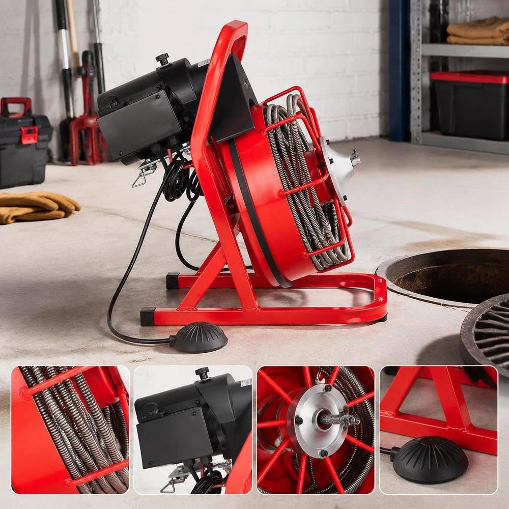 Pipe Cleaning Machine 50 FT X 3/8 Inch, Sewer Spiral With Manual Feed, 250 W Electric Pipe Cleaning Machine With 4 Cutters And Air-activated Foot Switch For 2" To 4" Pipes