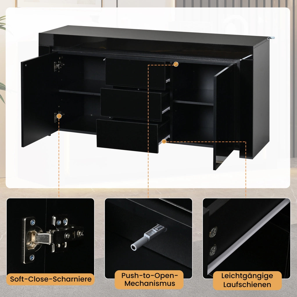 Sideboard nero lucido con 2 ante, 3 cassetti e luci LED