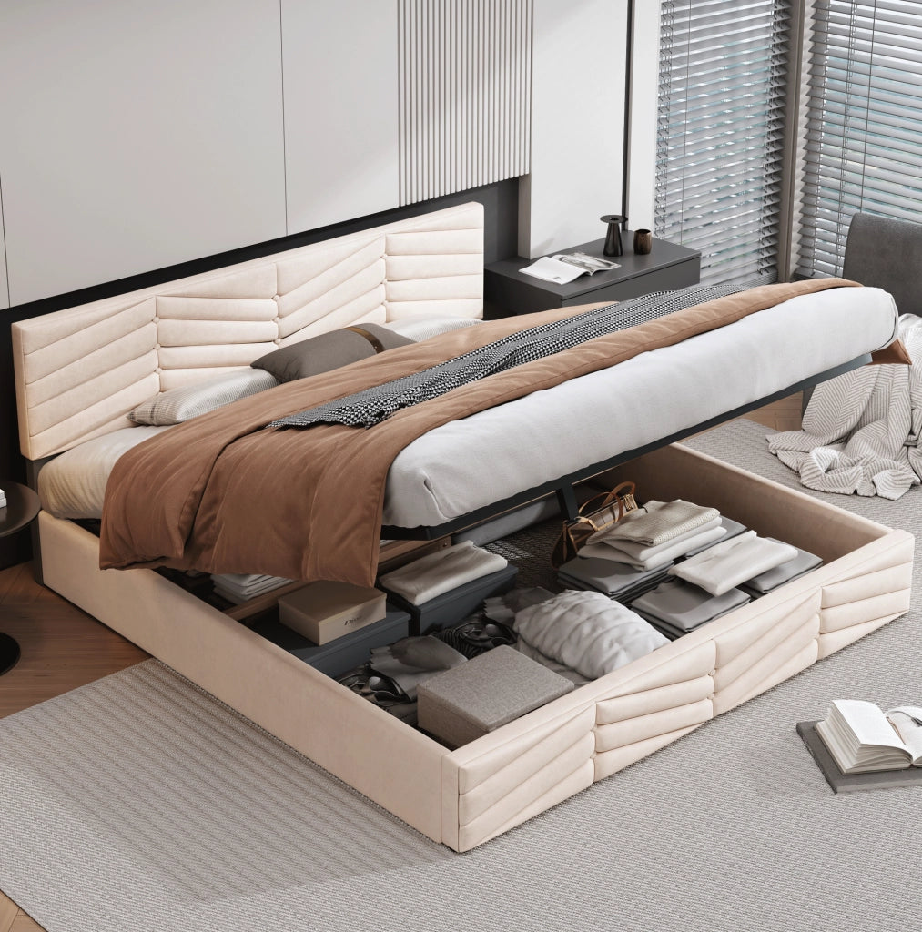 Letto imbottito contenitore in velluto beige 160 x 200 cm