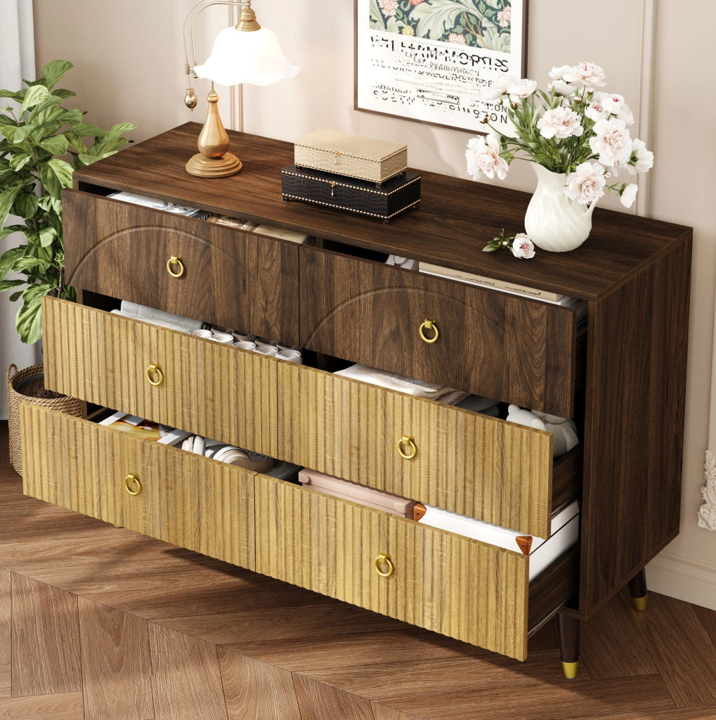 Credenza 120x40x81 cm con 6 cassetti; stile vintage; MDF e pannello truciolare; naturale