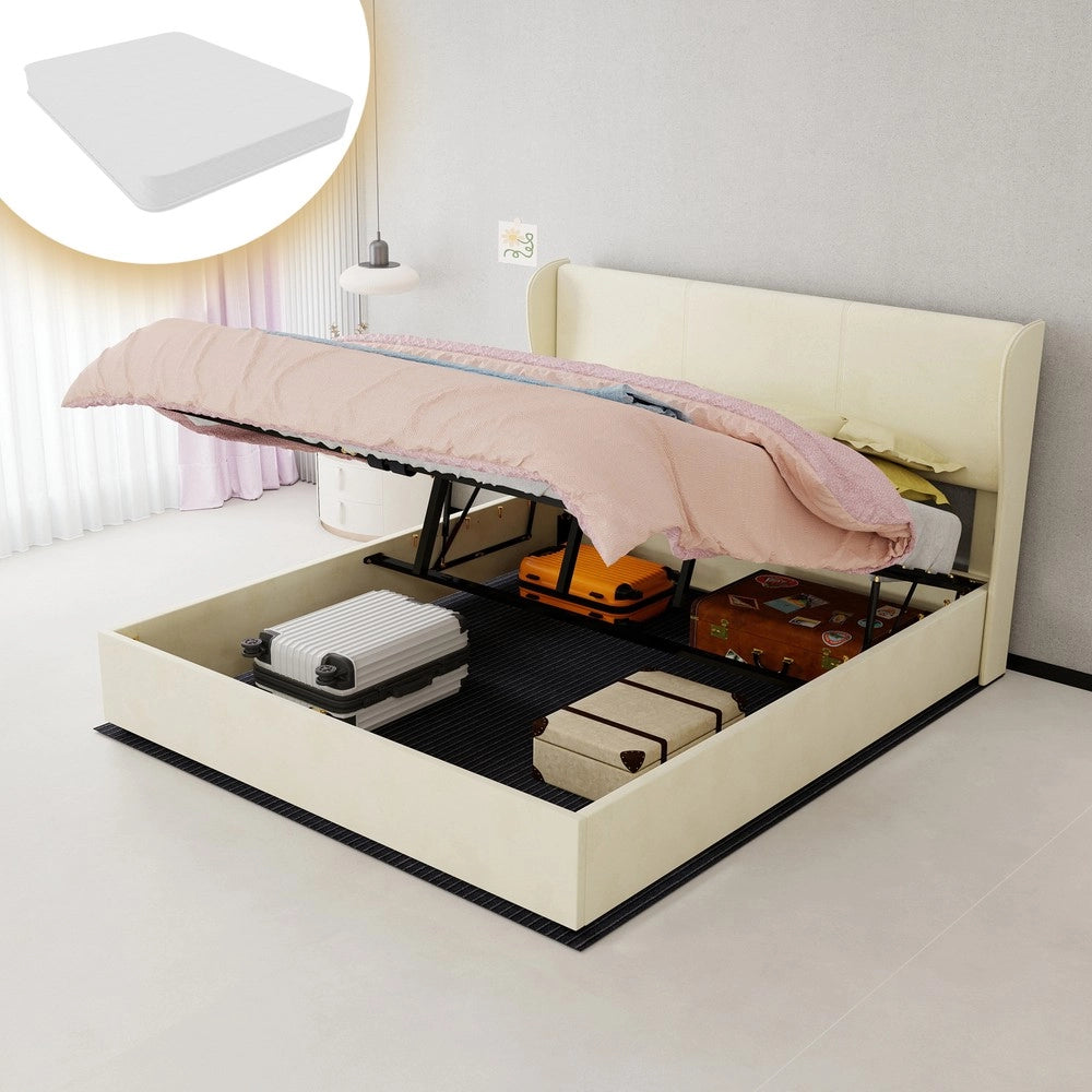 Letto Contenitore Imbottito con Testiera ¨C MINIMAL ¨C Beige 160x200 con Materasso