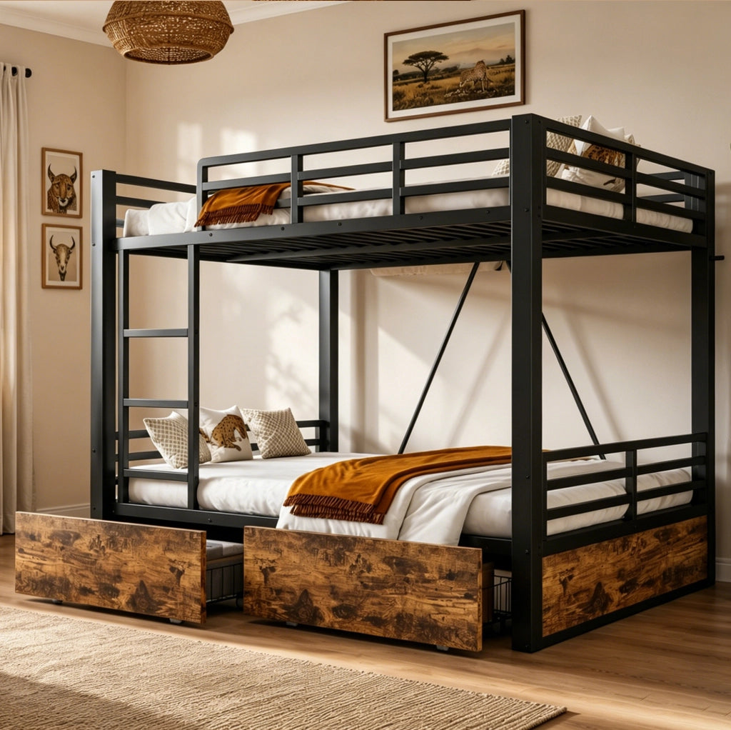 Letto a castello 140x200 cm con cassetti; scala e sponde in metallo e legno nero