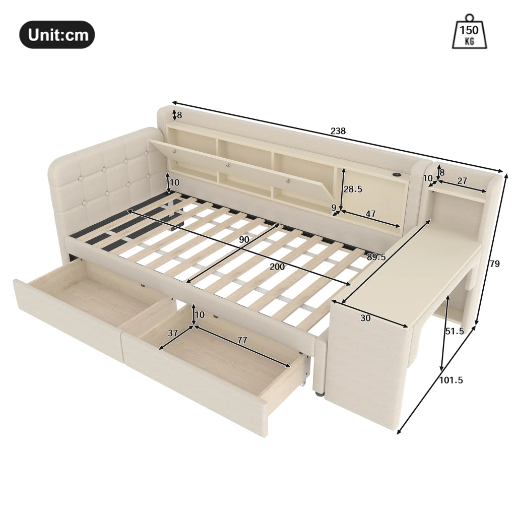 DESMIU Letto banquette 90 × 200 cm 1 posto con 2 cassetti, scrivania, USB e Type-C, senza materasso, beige