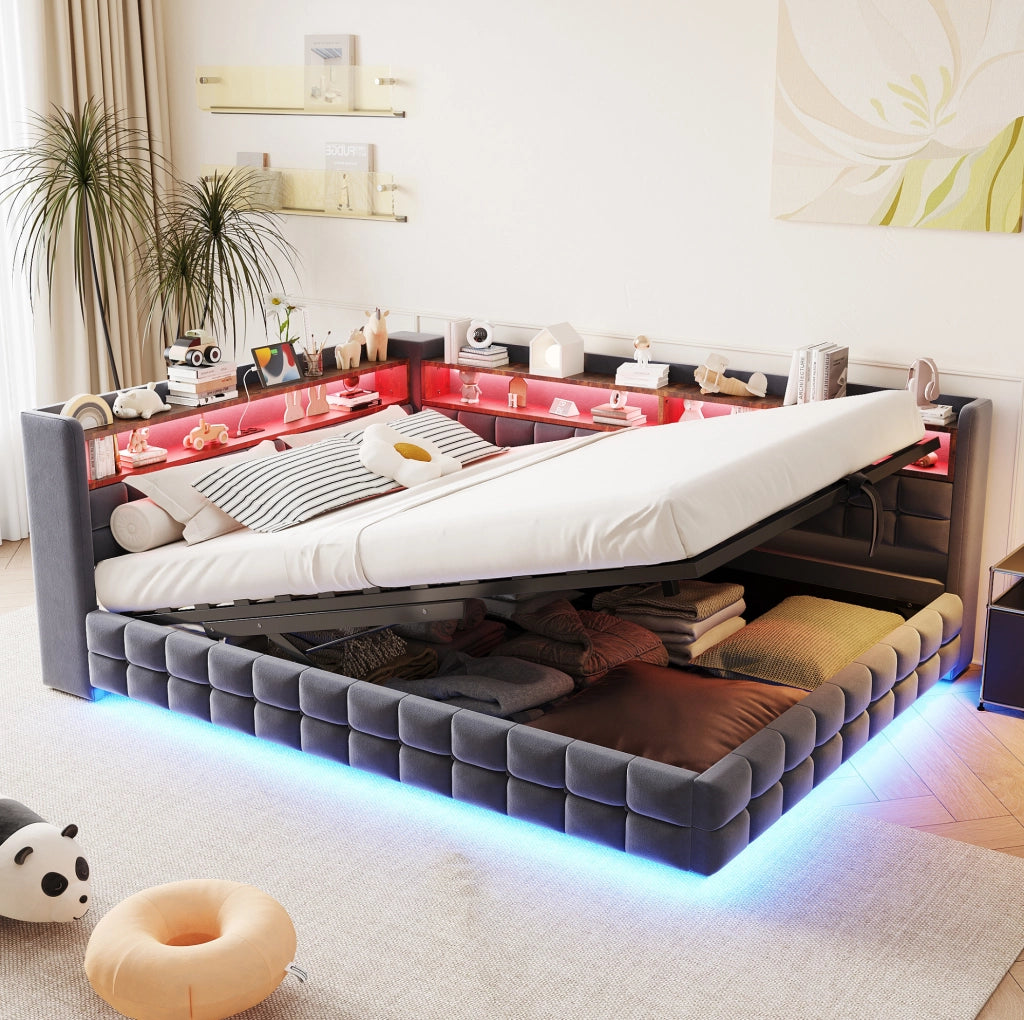 Divano letto imbottito 140x200 cm con LED e vano contenitore