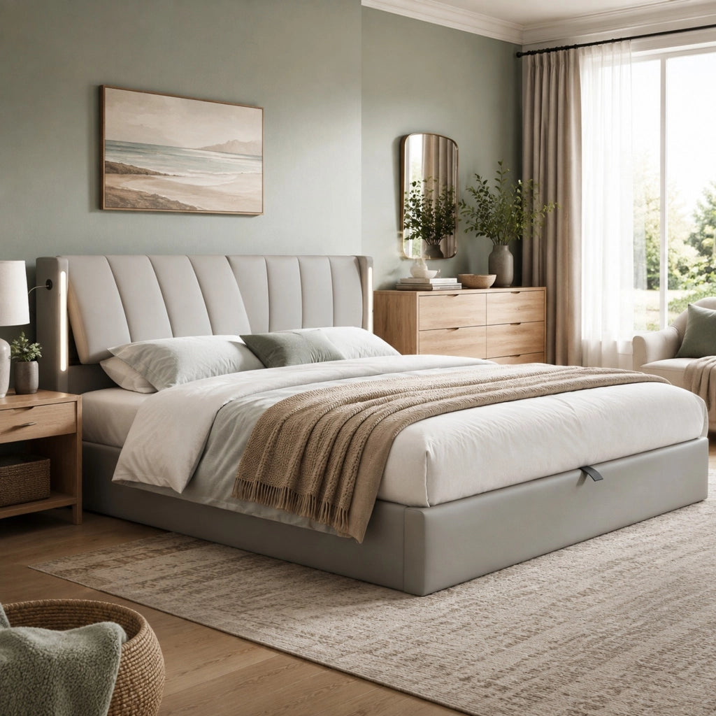 Letto imbottito 140x200 cm in PU grigio con LED e USB