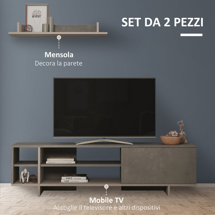 Mobile TV 160x35,6x44 cm con Armadietto e Mensola in Legno Grigio