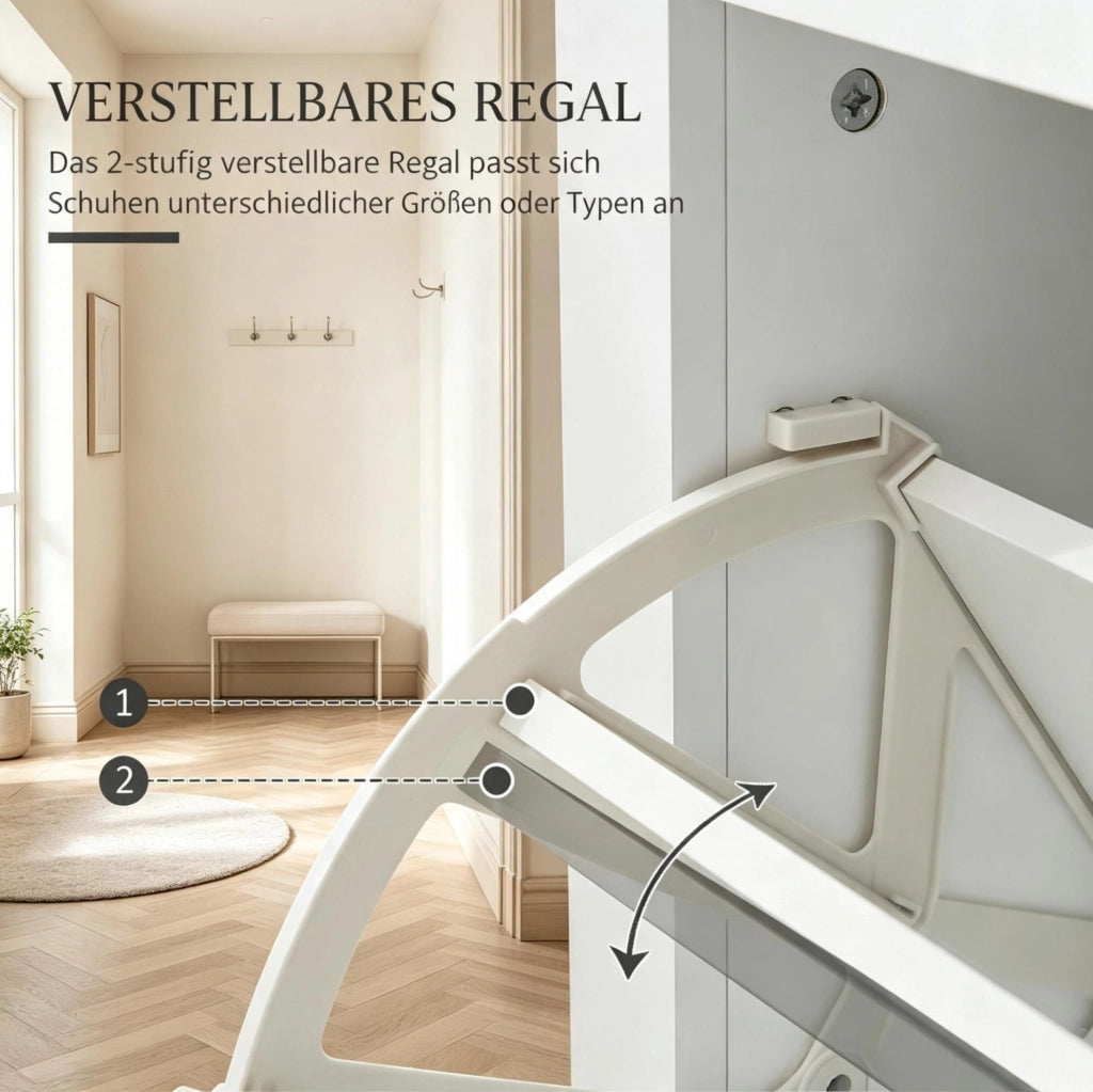 Scarpiera con 2 cassetti ribaltabili e ripiani regolabili in MDF rovere e bianco