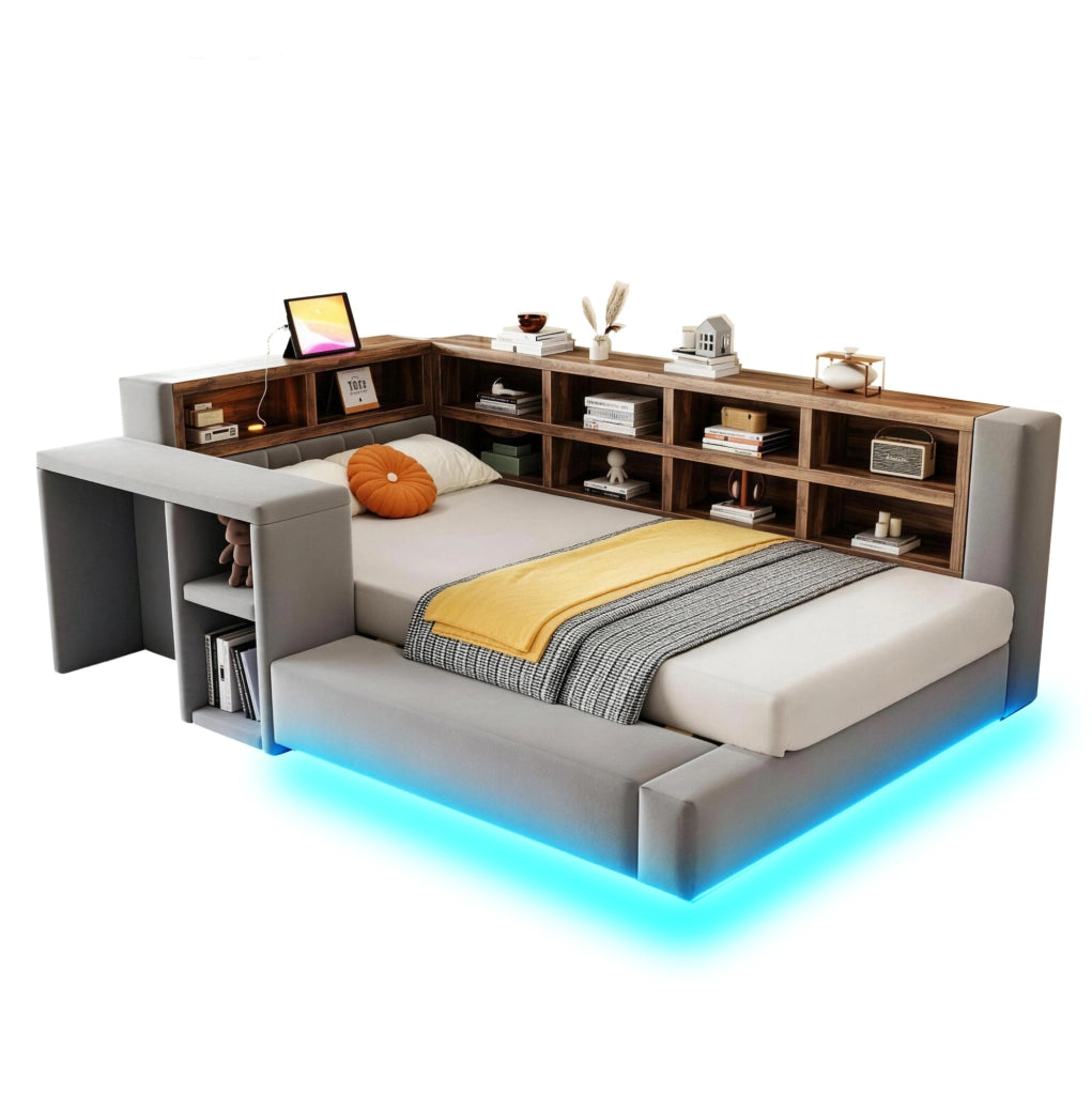 Letto imbottito 90x200 cm con LED, prese integrate e vani in velluto grigio scuro