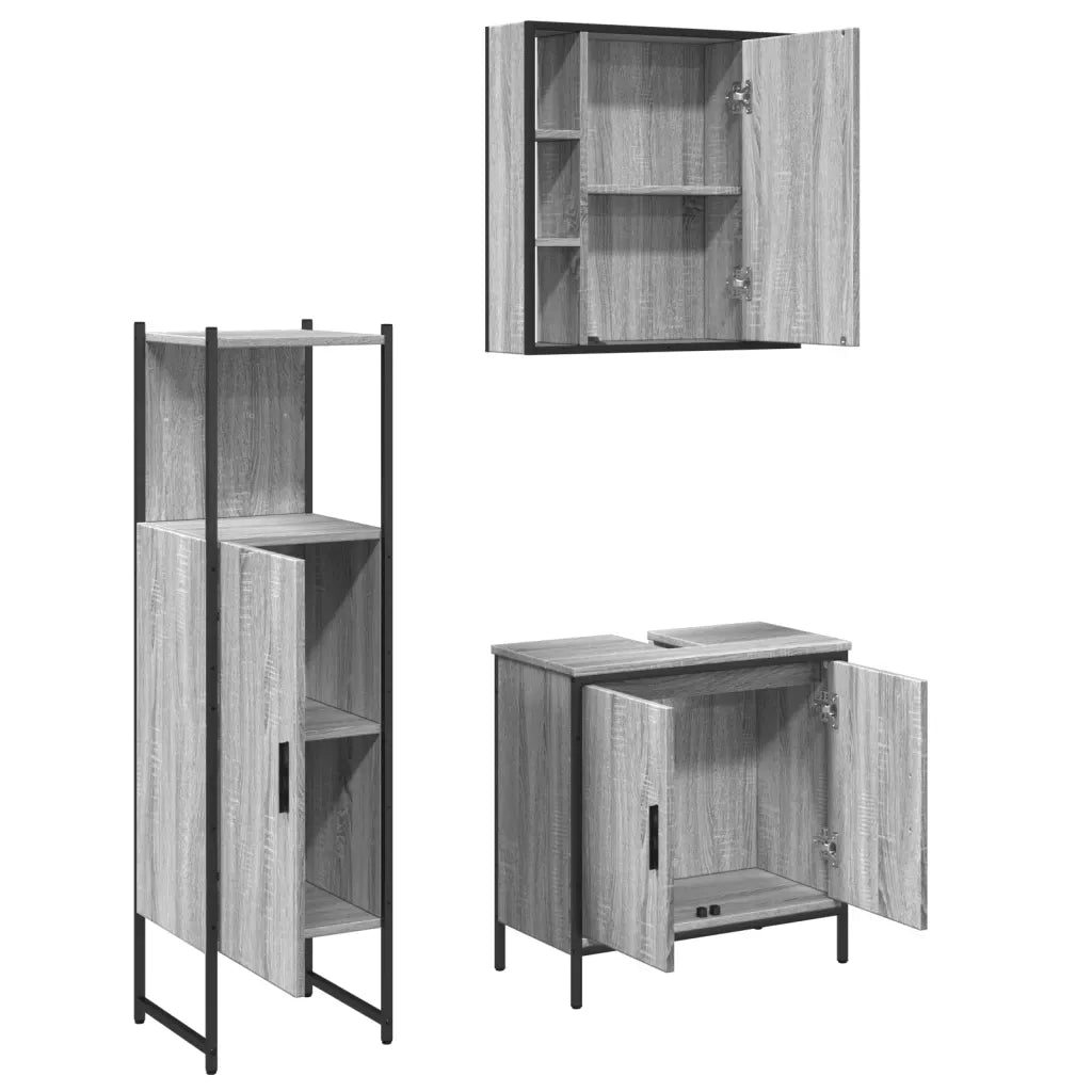 Set Mobili da Bagno | Armadio da bagno 3 pz Grigio Sonoma in Legno Multistrato