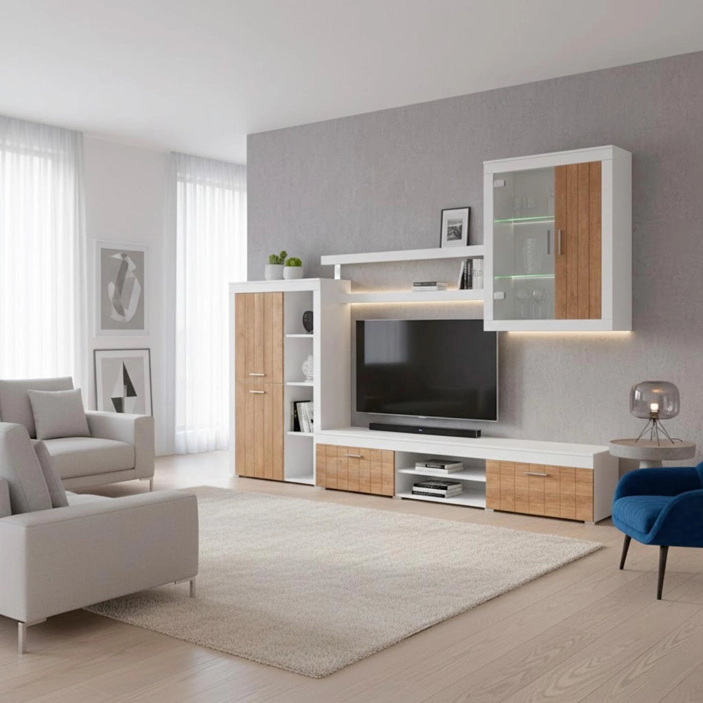Parete Attrezzata Moderna Con Mobile TV Ante Vetrinetta Mensole E Vani A Giorno Moduli Sospesi Per Soggiorno Salotto 293 X 193 X 50 Cm Bianco E Noce