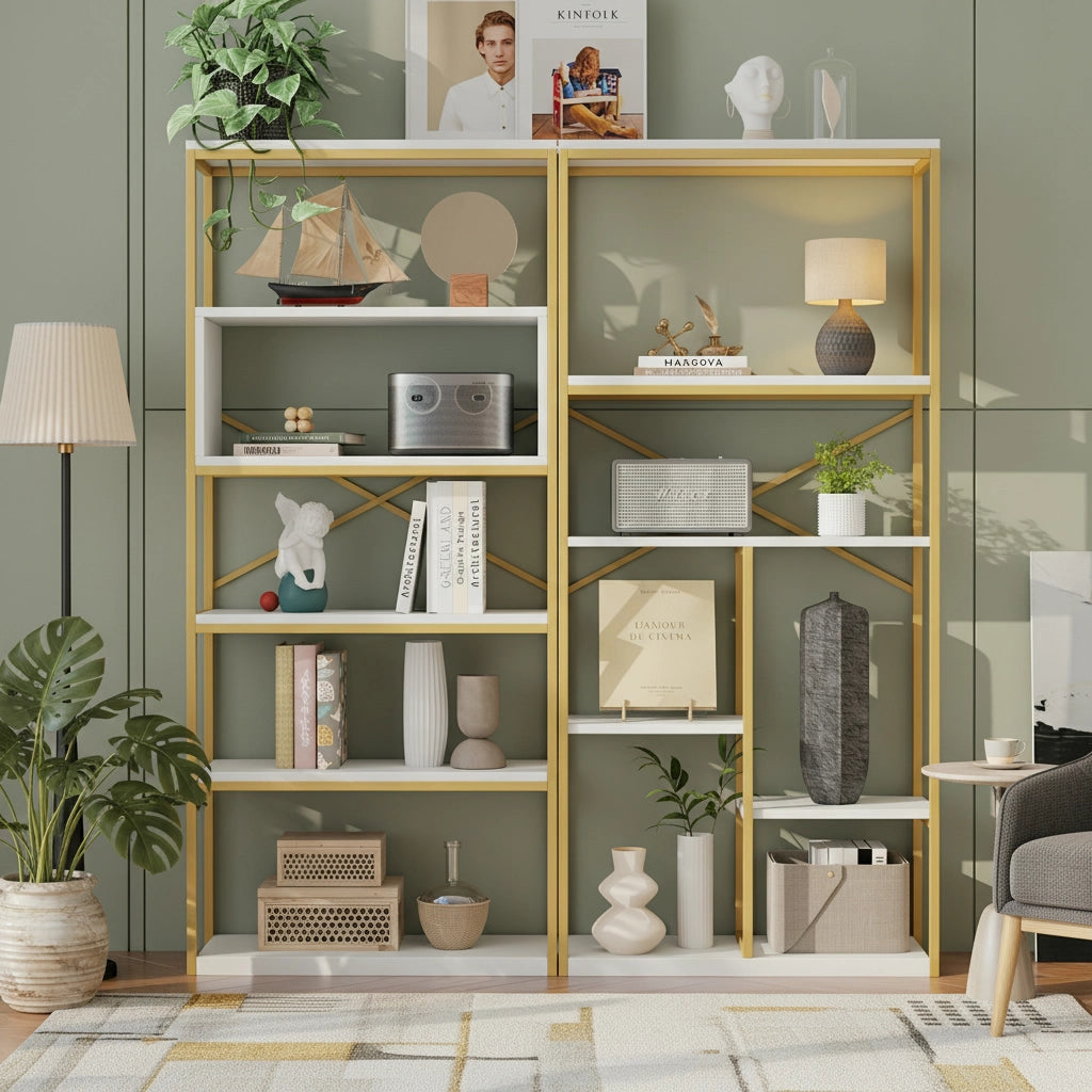 Libreria moderna 160 x 29,5 x 180 cm in MDF e metallo, struttura rettangolare stabile, finitura oro e bianco