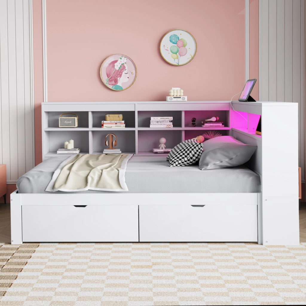Letto singolo 90×200 cm con USB; LED; ripiani e cassetti; senza materasso; legno; bianco