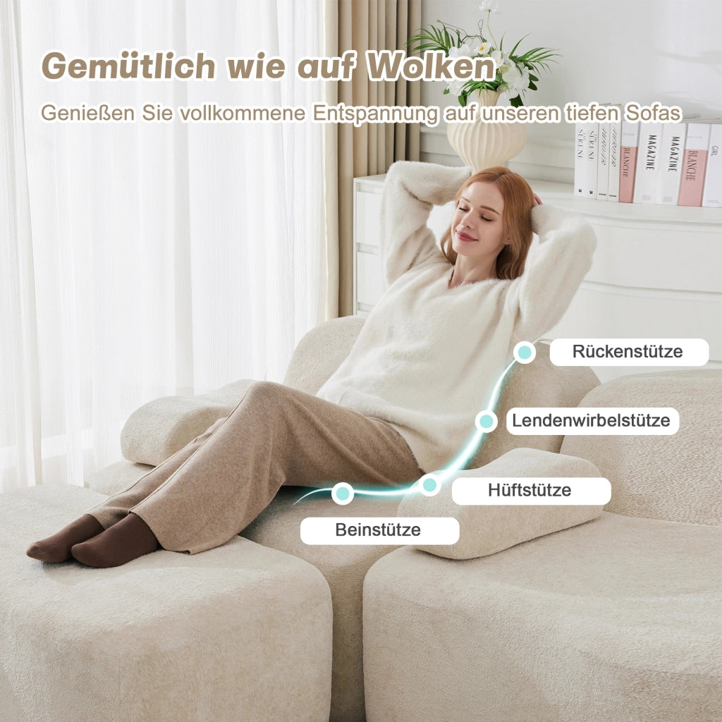 Divano modulare a U 3 posti senza struttura con pouf e cuscino bracciolo in velluto beige