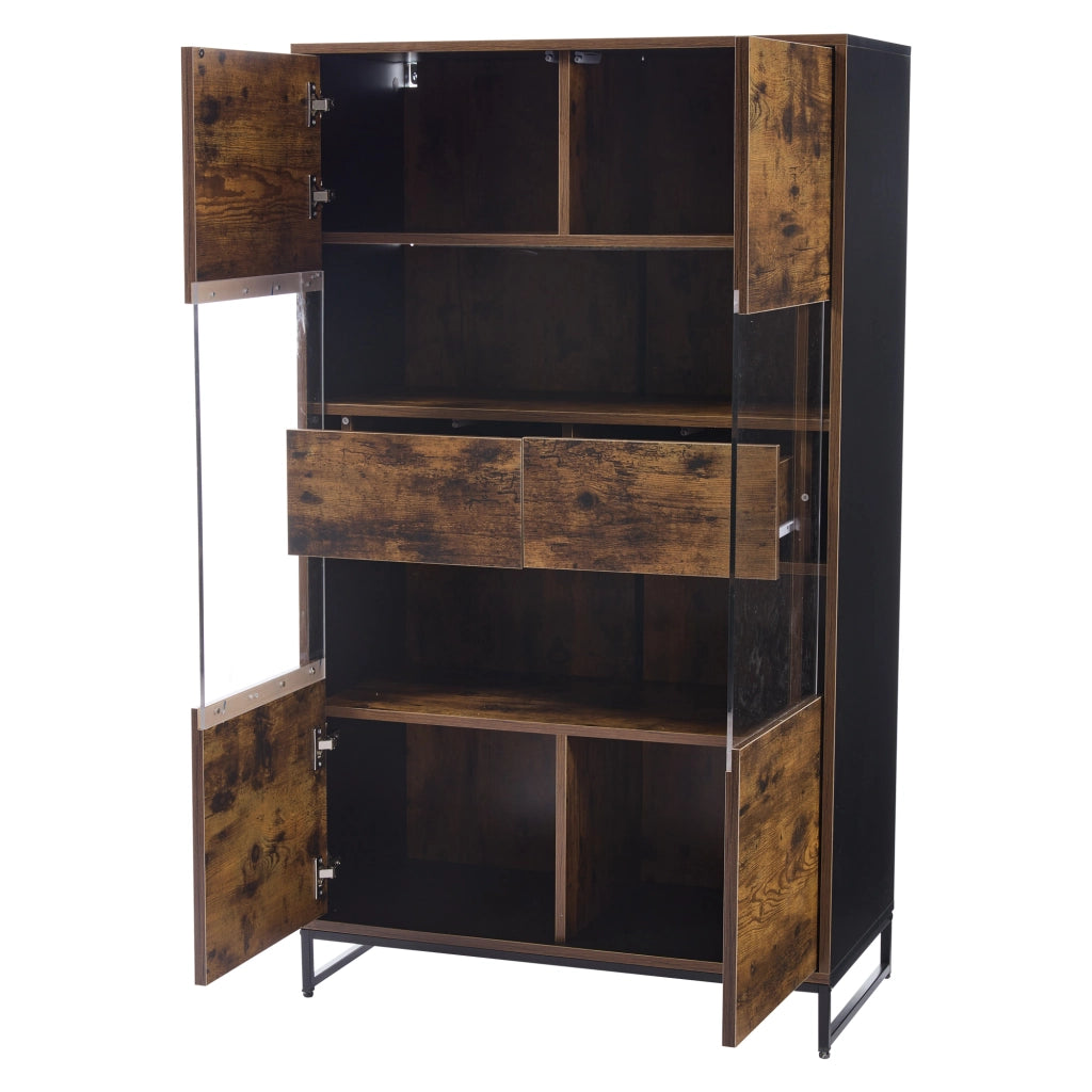 Vetrina con 2 Ante e 2 Cassetti e LED Bluetooth; 6 Vani; Stile Moderno Retr??; in MDF; Nero Effetto Legno; 80??40??138 cm