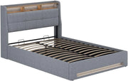 Letto imbottito Christin, Grigio/quercia, con LED e connessione USB, con rete a doghe, funzione pieghevole e base letto integrata