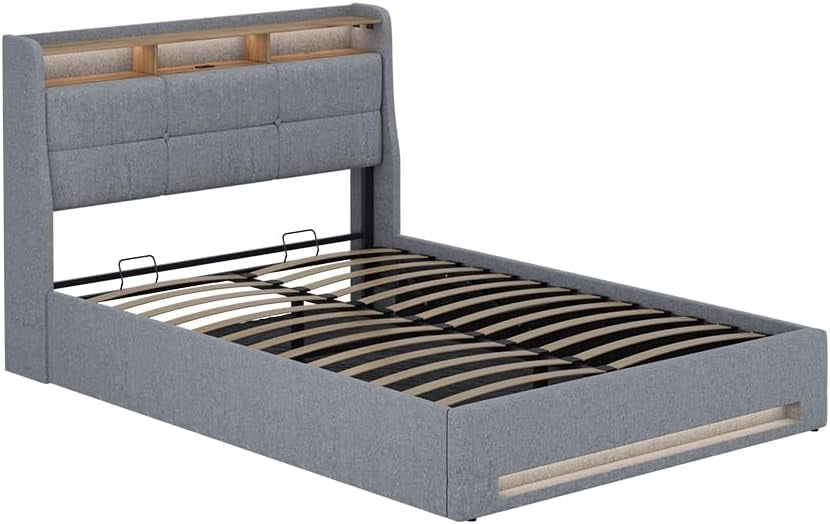 Letto imbottito Christin, Grigio/quercia, con LED e connessione USB, con rete a doghe, funzione pieghevole e base letto integrata