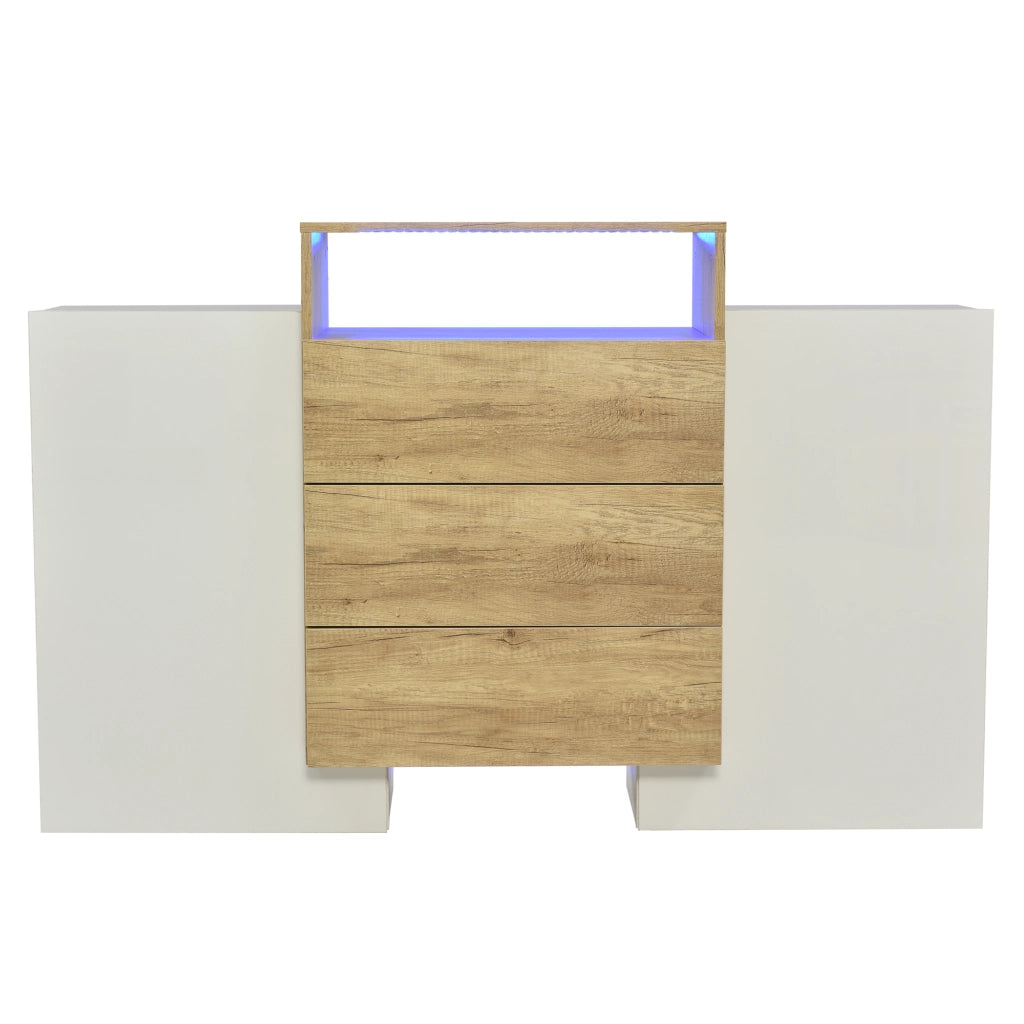 Credenza Moderna con LED ¨C Xylo ¨C Bianco Lucido, Effetto Legno, 140 cm