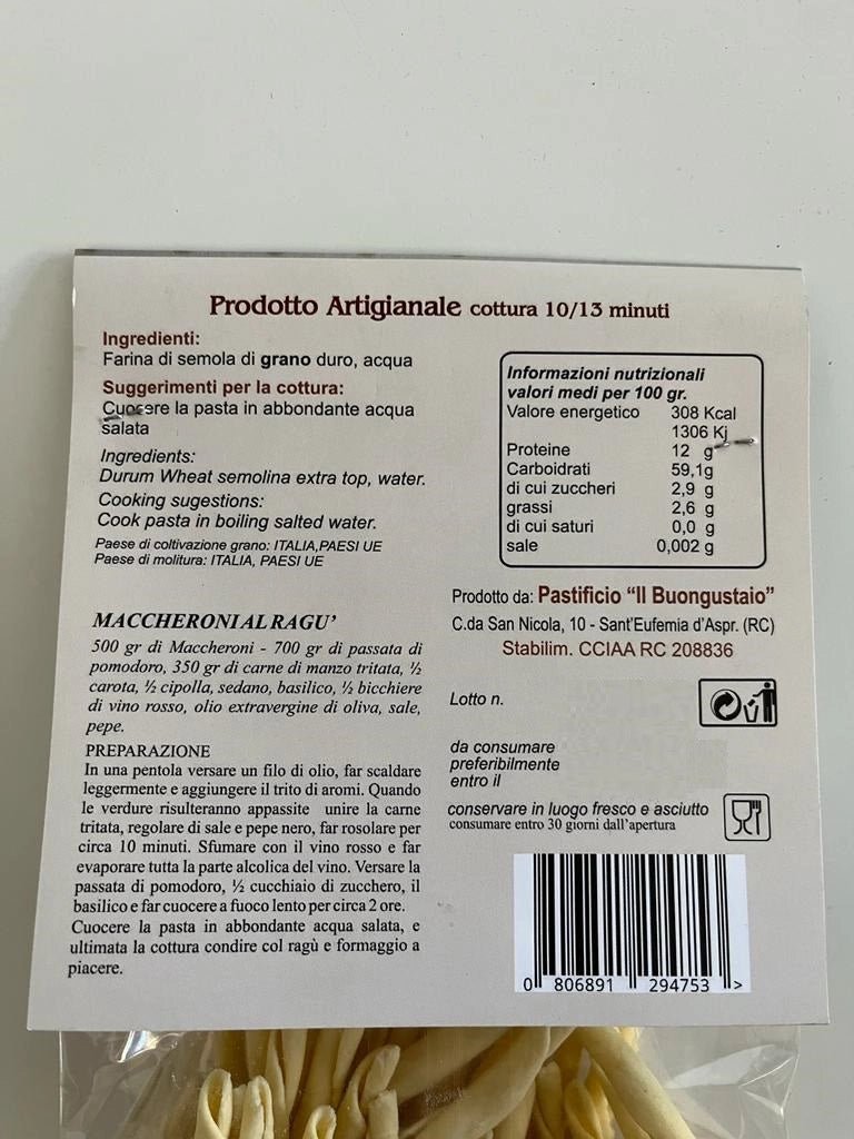 Pasta di semola di grano duro, 6 confezioni da gr 500, Maccheroni Calabresi