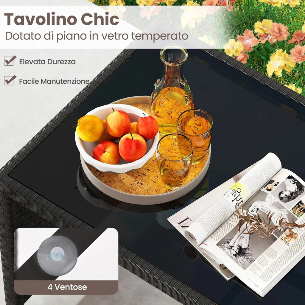 Set Salotto da Giardino 4 Pezzi, Divanetto e Poltrone in Rattan con Tavolino da Caffè in Vetro Temperato, Set di Mobili da Esterno Imbottiti per Cortile, Veranda e Bordo Piscina (Bianco)