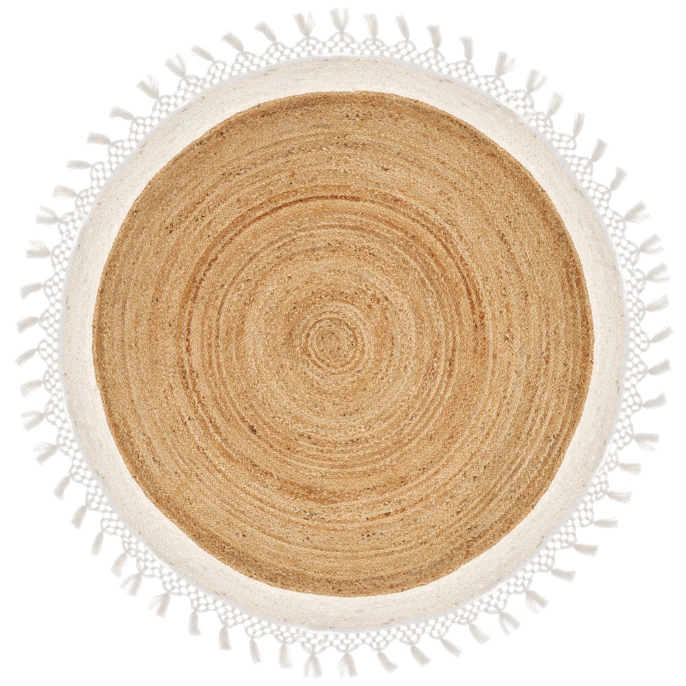 Tappeto Beige e Bianco Rotondo 140 cm Boho Rustico Spirale Intrecciato Fatto a mano Juta Naturale Camera da letto Soggiorno