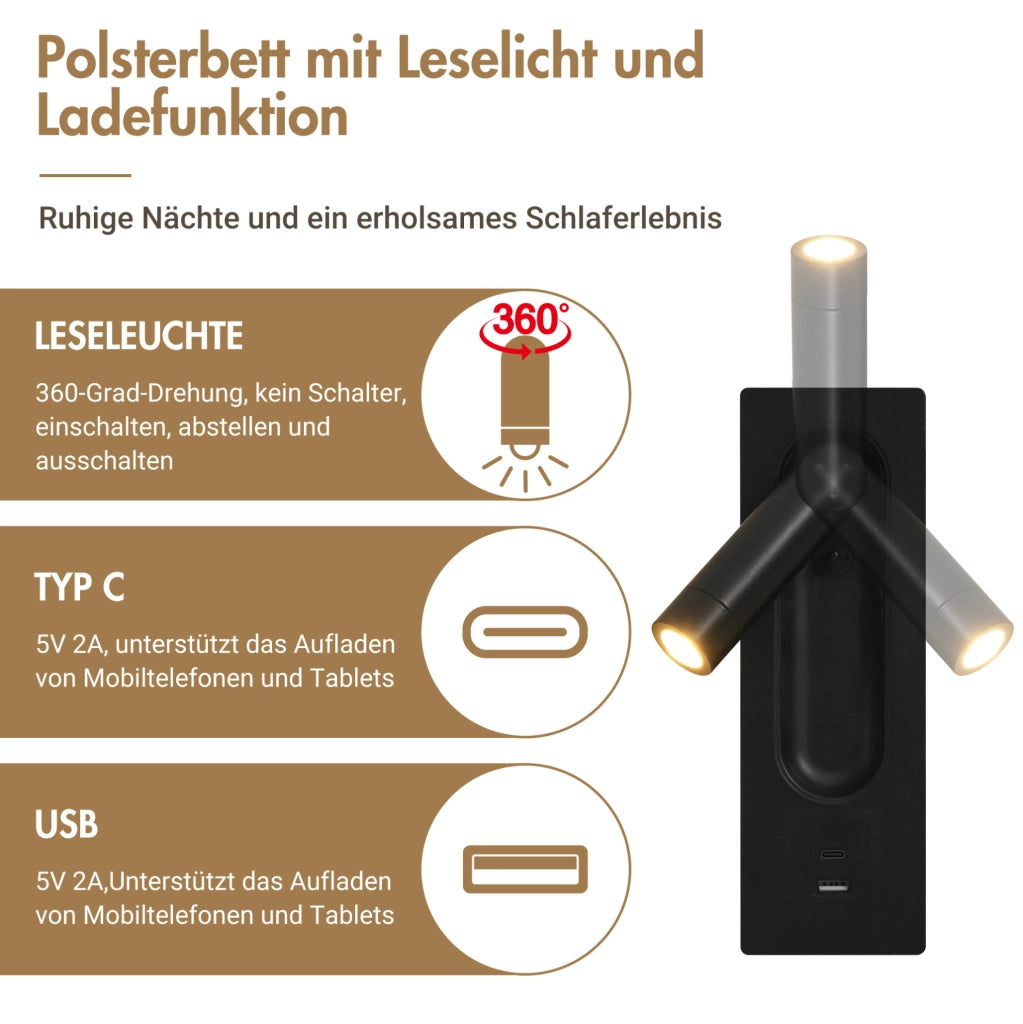 Letto matrimoniale 180x200 cm contenitore con USB-C e lampade
