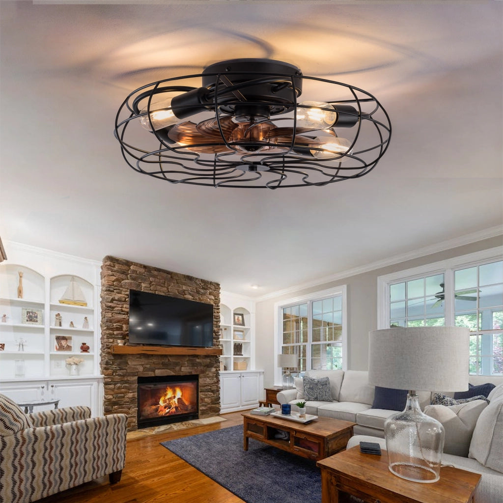 Ventilatore da soffitto con gabbia e luce; 19 pollici; 7 pale; motore reversibile; nero e noce scuro