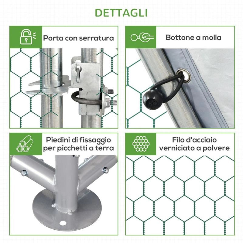 GABBIA RECINTO PER GALLINE IN METALLO PORTA CON BLOCCO E COPERTURA OXFORD