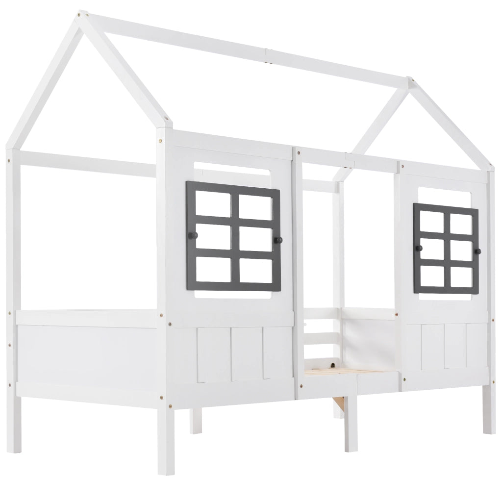 Letto a casetta per bambini con 2 finestre, struttura in pino e MDF, bianco, 200x90 cm