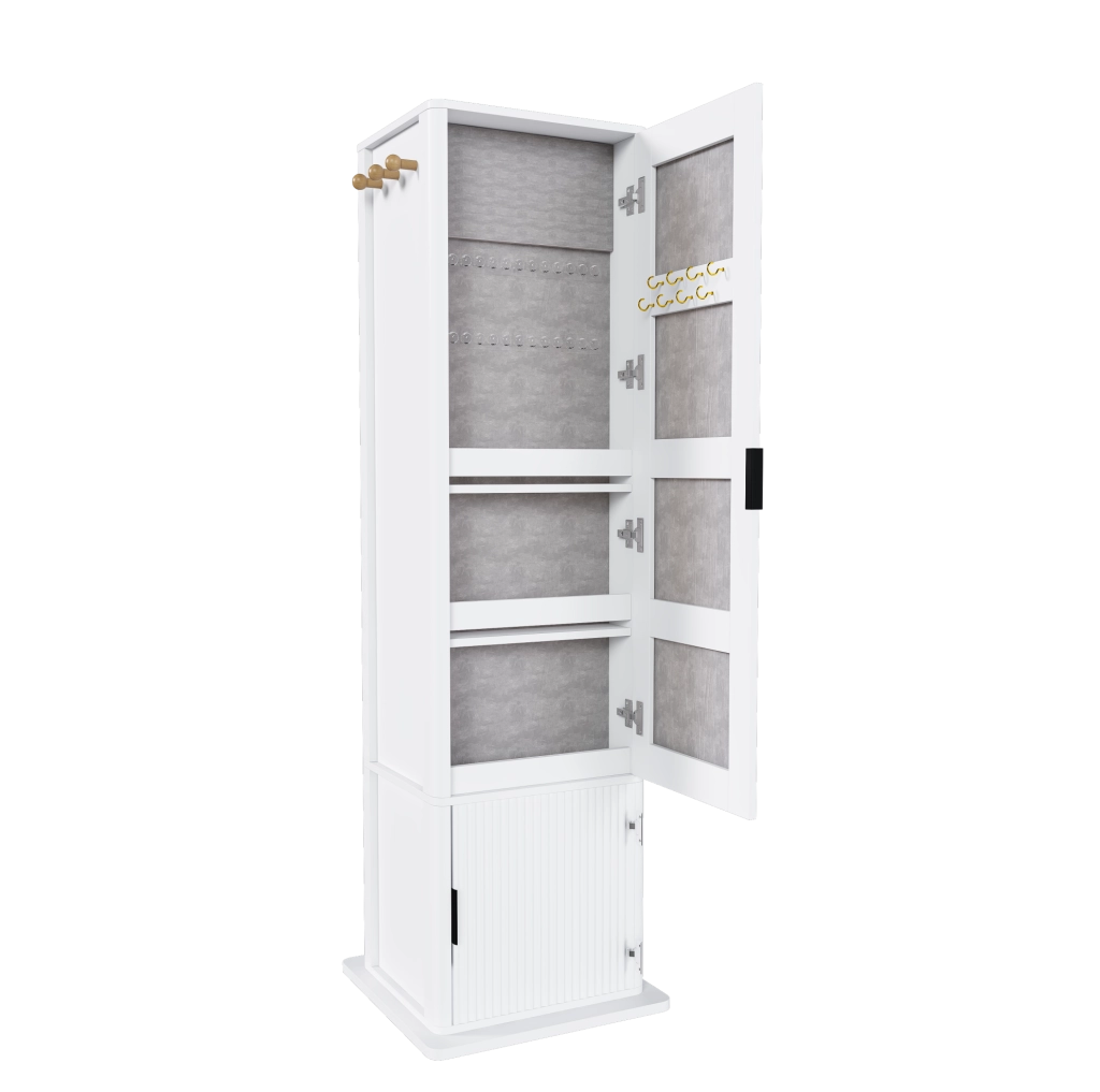 Armadio specchiera girevole a 360° 4 in 1 con specchio intero; ripiani e ganci; 50x50x170 cm; bianco