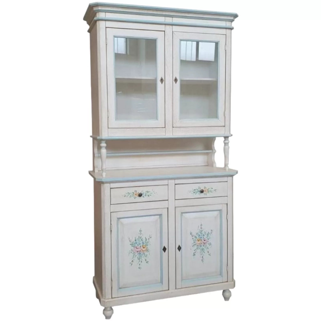 Cristalliera in legno 2 ante bianco invecchiato/decori filo azzurro104x43x208 - Mobili 2G