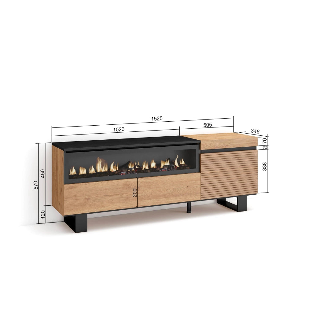 Mobile TV Soggiorno, 150x35x57cm, Per TV fino a 65", Camino elettrico, Design industriale, colore Rovere RF3302