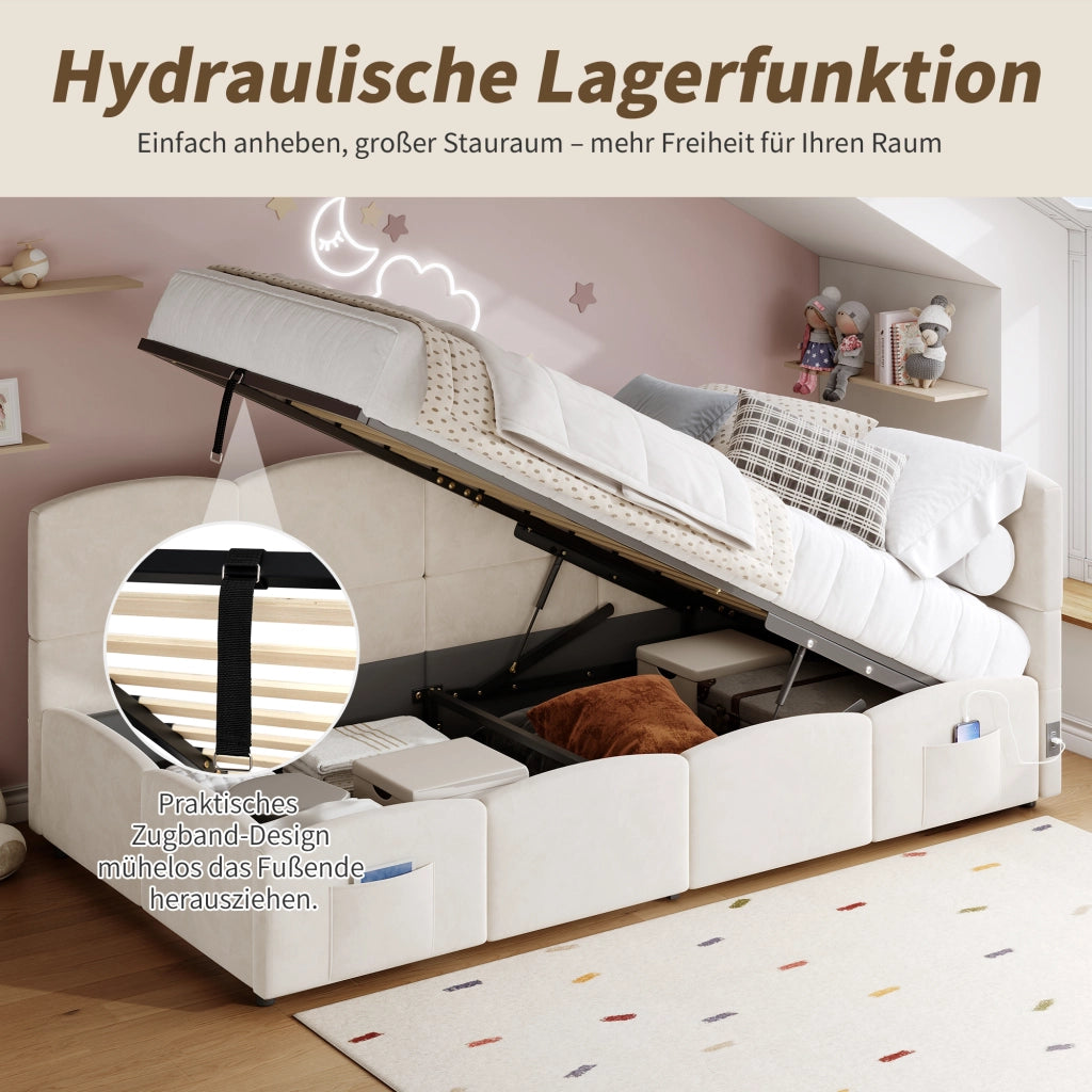 OKWISH Letto contenitore 90×200 cm, Letto Singolo con Porte USB A e USB C, Tasche Portaoggetti e Apertura Idraulica, senza Materasso, Velluto, Beige