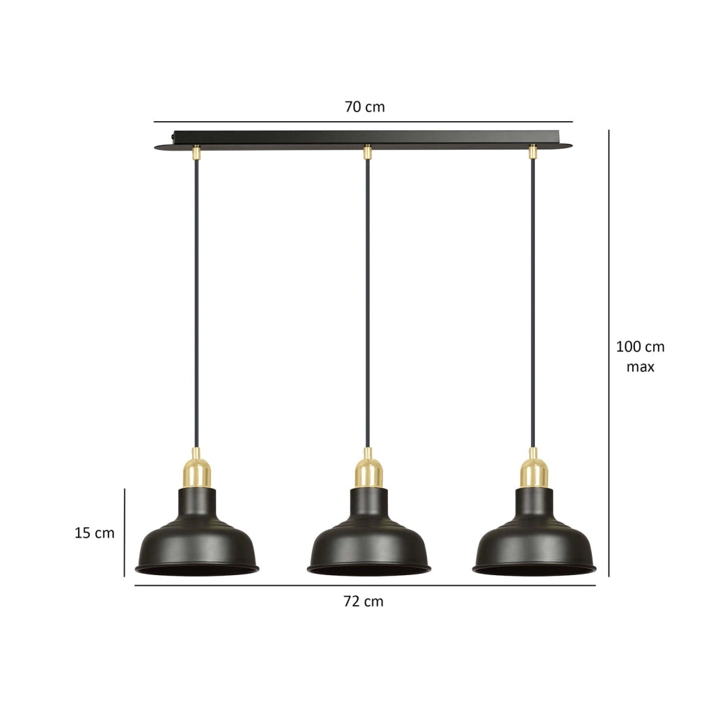 Lampadario Industrial 3 Luci Dhanapati Acciaio Nero Con Elementi In Oro