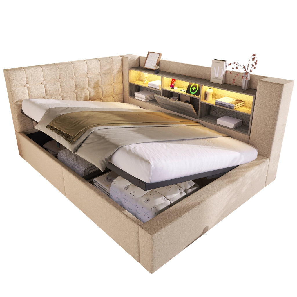 Letto matrimoniale 140x200 cm con contenitore; testiera a L reversibile; LED e porte USB; beige