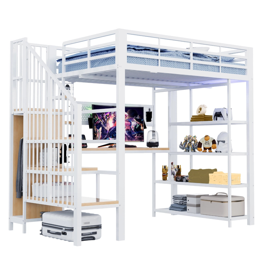 Letto a soppalco 140x200 cm con scrivania; LED; prese integrate; scala contenitore e scaffale; bianco