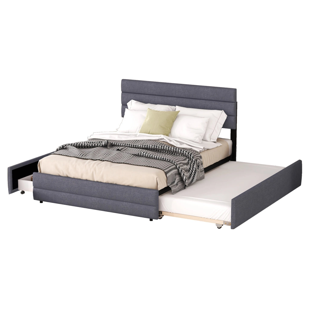 Letto piattaforma 140x200 in tessuto grigio con 2 cassetti e letto estraibile