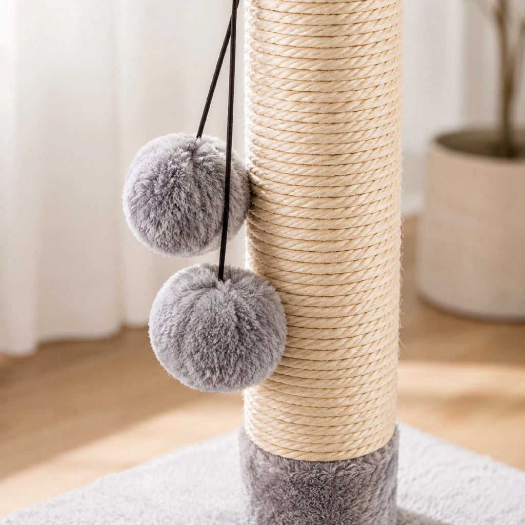Tiragraffi per Gatti con Palline Gioco Penzolanti, Colonna in Sisal Naturale, Base Rivestita in Peluche, 40x32x32 cm Grigio