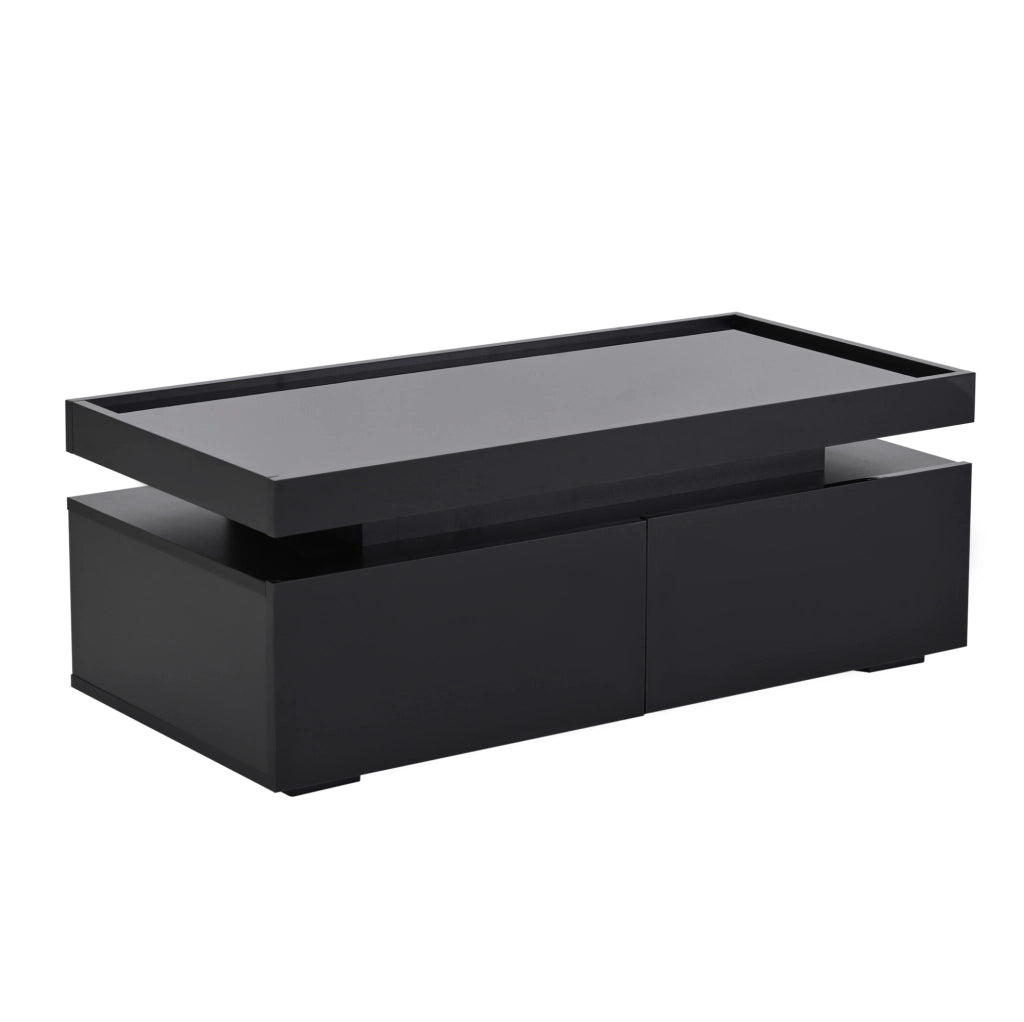Tavolino da salotto moderno 95x45x35 cm nero lucido con LED; 2 cassetti e ripiano aperto