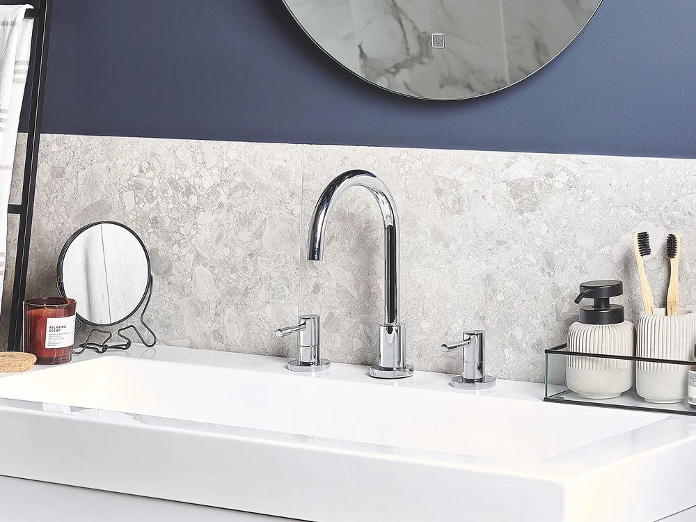 Rubinetto da Bagno per Lavabo in Ottone color Argento con Due Manopole curvo moderno