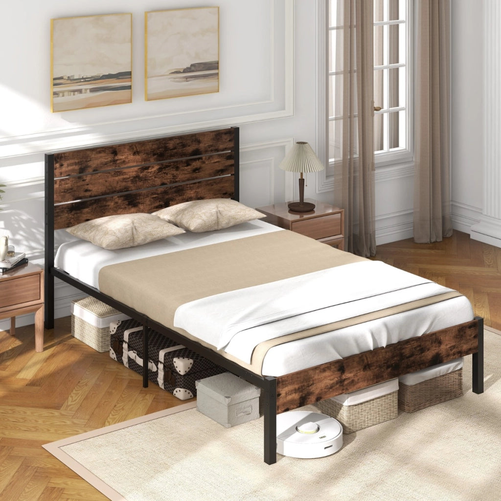 Letto a piattaforma in metallo con testiera alta in metallo e barra silenziosa-Struttura letto matrimoniale per materasso industriale Marrone