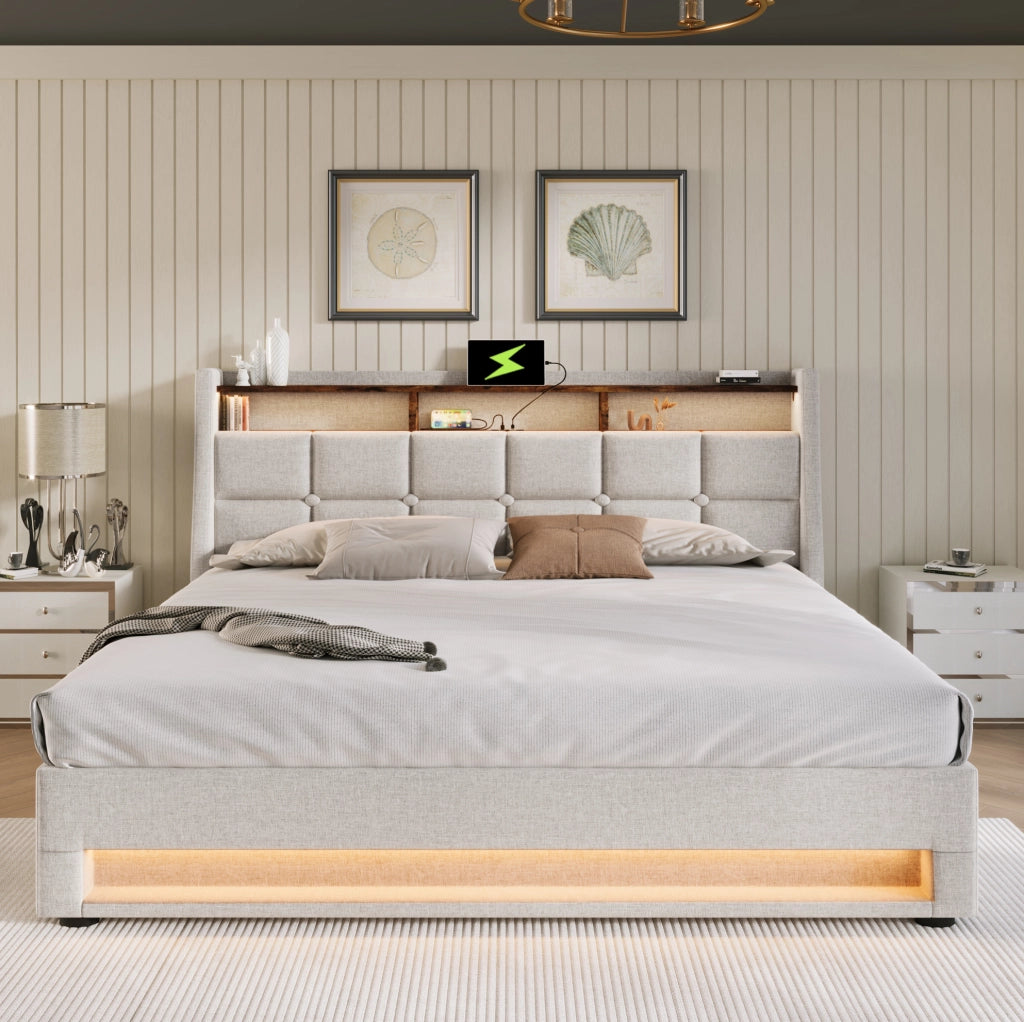 Letto imbottito contenitore 180x200 cm con LED; USB e rete a doghe; rivestimento in lino beige