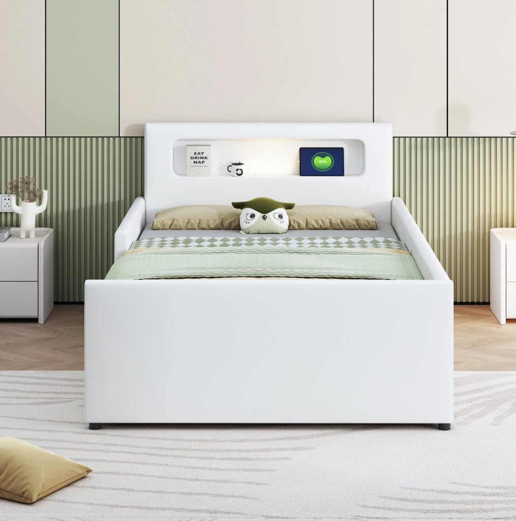 Letto imbottito bambini 90x200 cm; USB e luce notturna; cassetti; pelle sintetica; bianco