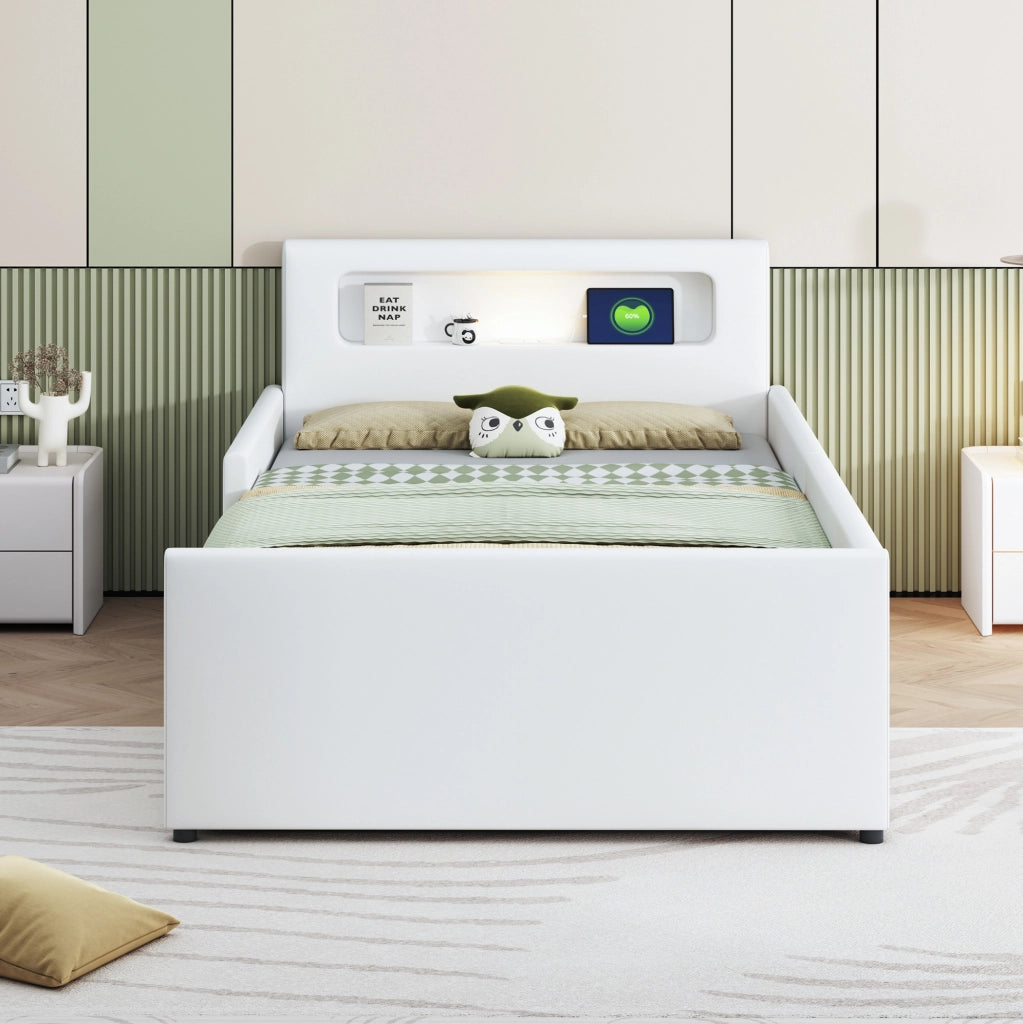 Letto imbottito bambini 90x200 cm; USB e luce notturna; cassetti; pelle sintetica; bianco