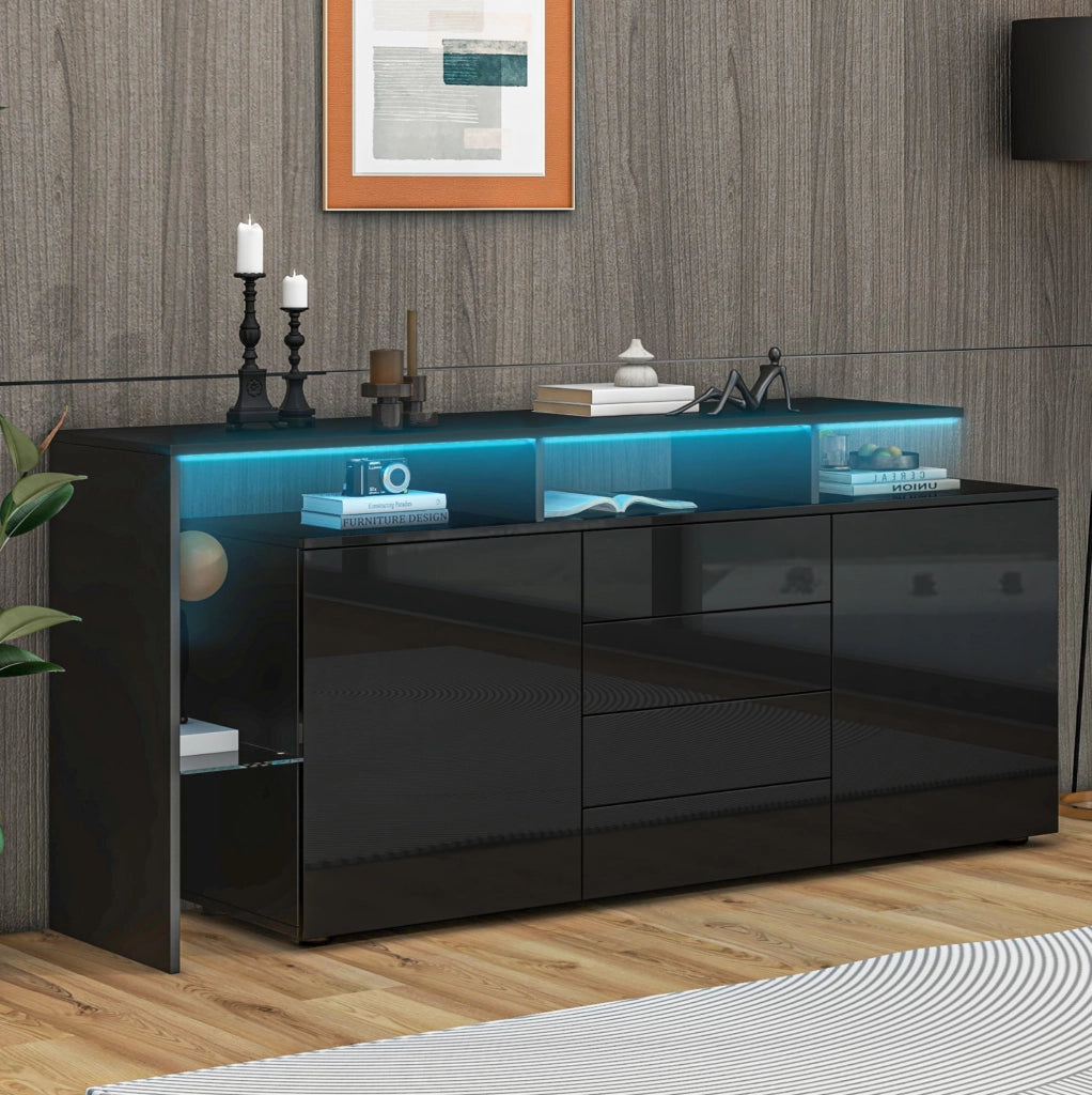 Sideboard LED 160 cm nero lucido con 2 ante e 4 cassetti