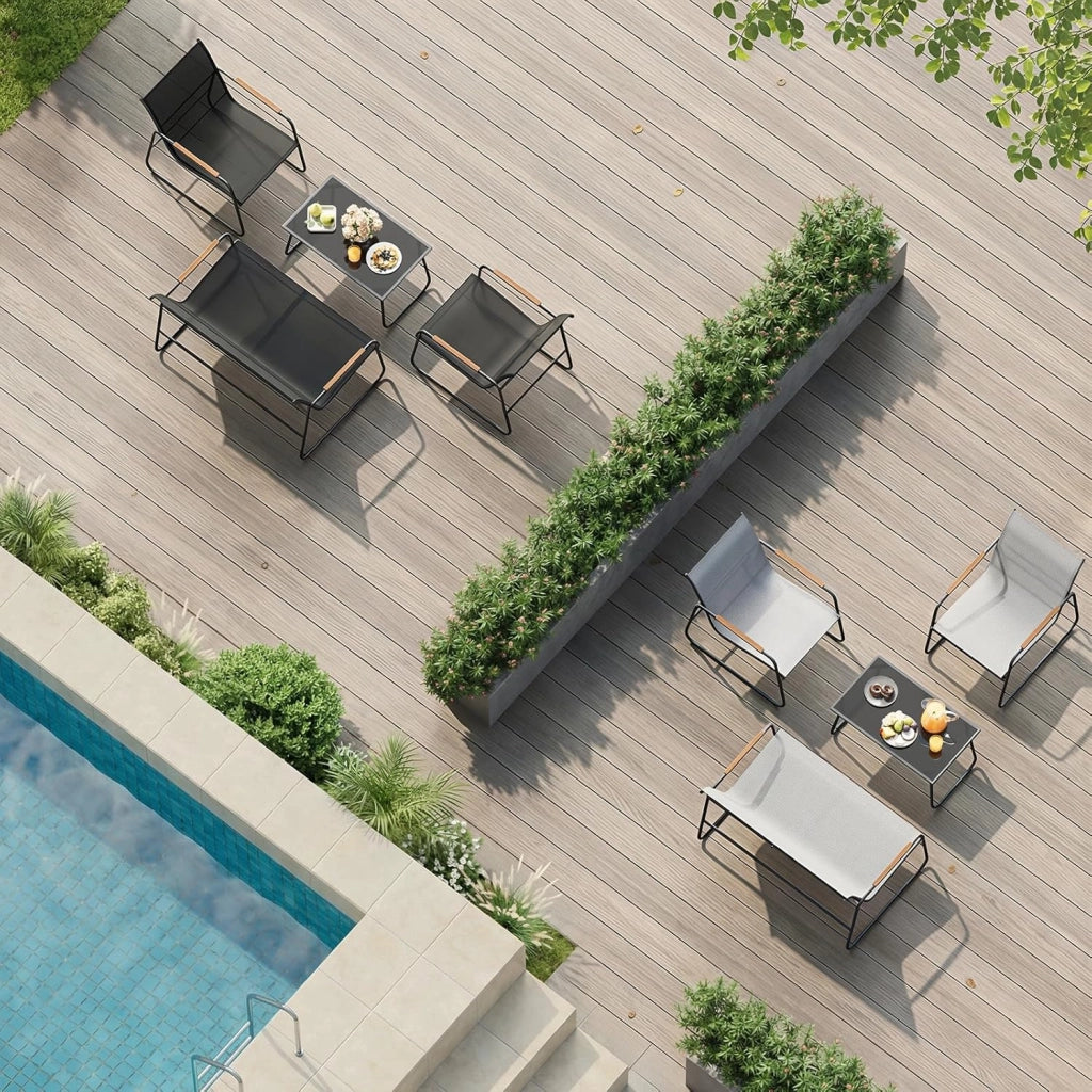 Set di Mobili da Esterno 4 Pezzi, Tavolo, Divano e 2 Sedie, Salotto da Giardino Resistente alle Intemperie, Struttura in Metallo, Tessuto Traspirante, per Balcone, Patio, Terrazza, Nero