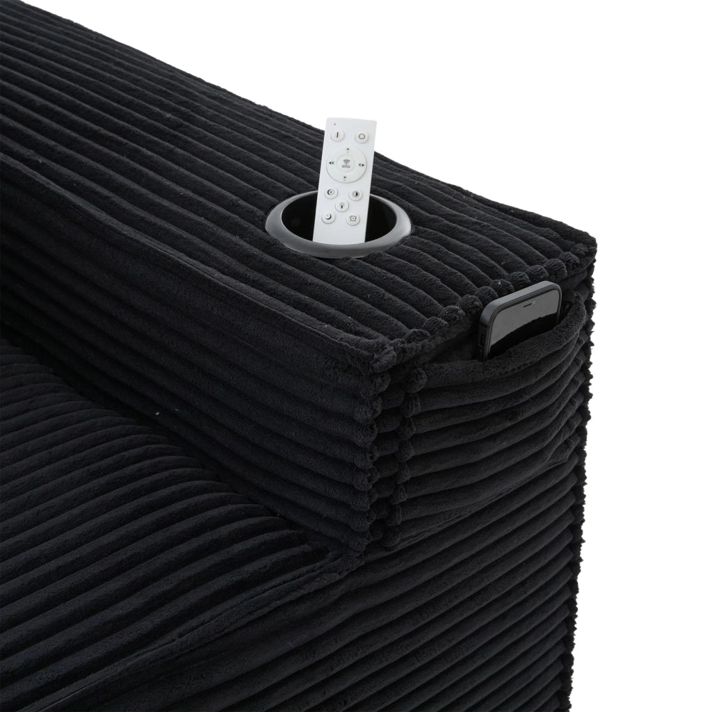 Divano modulare 2 posti in corduroy nero con portabicchieri e tasche laterali 188x90x75 cm